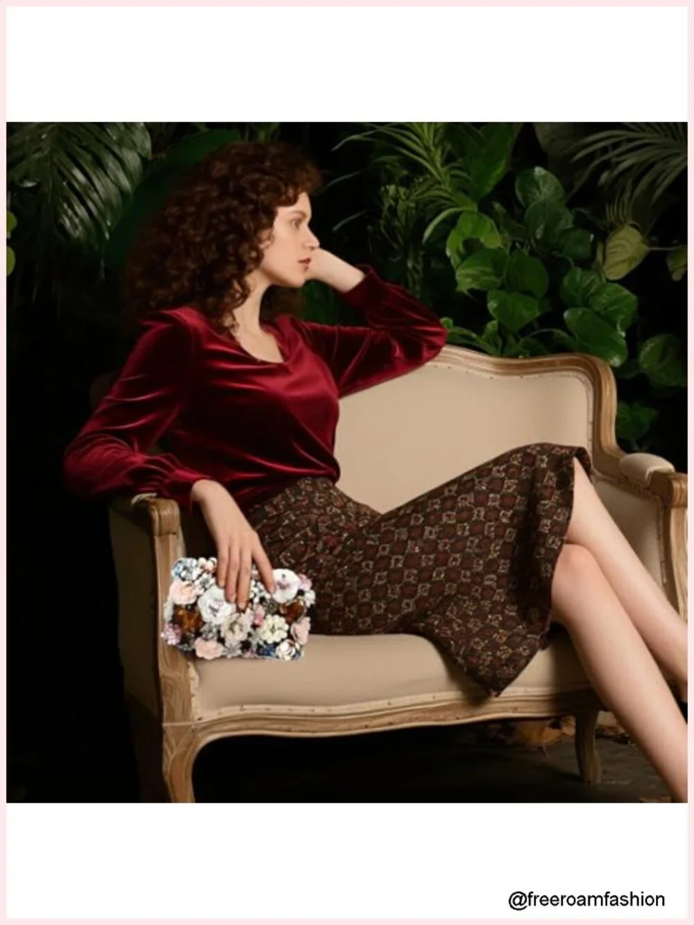 Evening Clutch Bag - Satin Floral Handbag with Rhinestones, Detachable Chains
